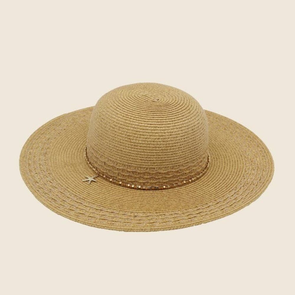 Hat Starfish Charm Wide Brim Straw Sun Hat  Tan